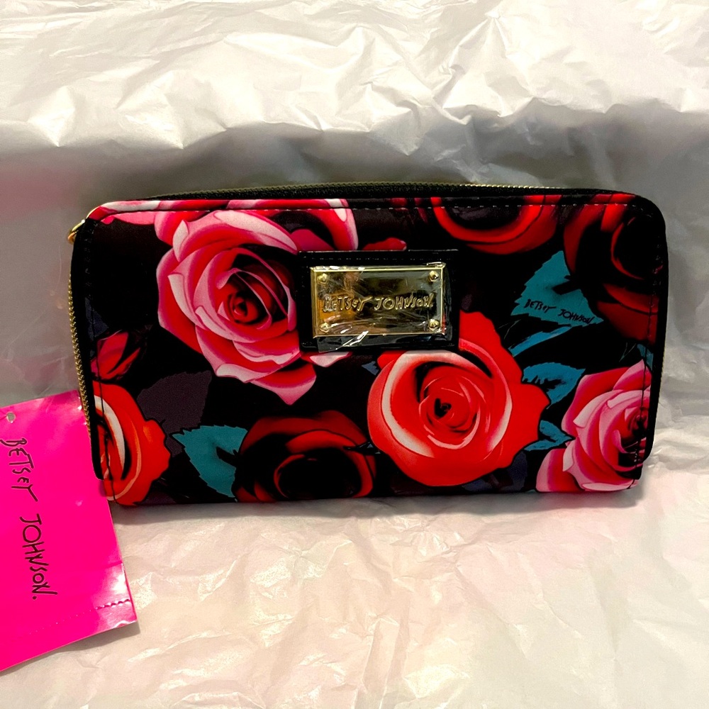 Betsey Johnson Roses are Red, Violets are Blue Red zip around wallet.